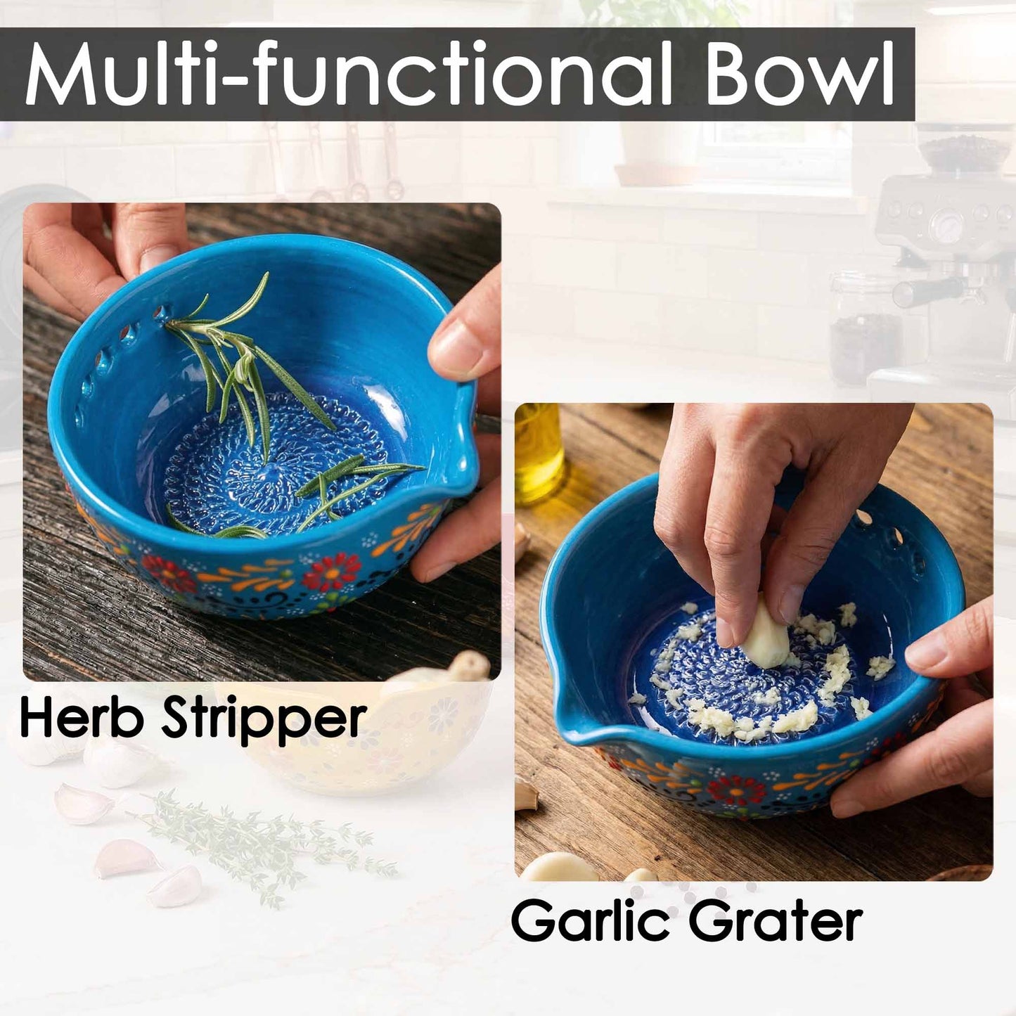 Blue multi-functional bowl used as a herb stripper and garlic grater.