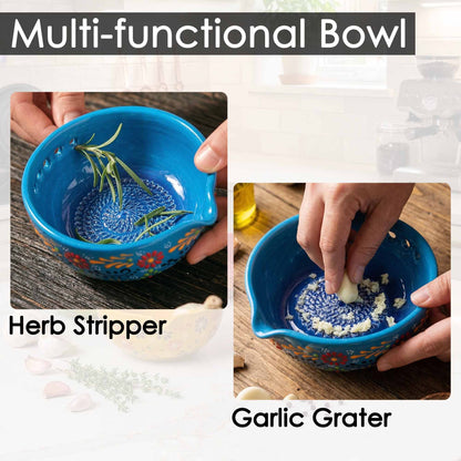 Blue multi-functional bowl used as a herb stripper and garlic grater.