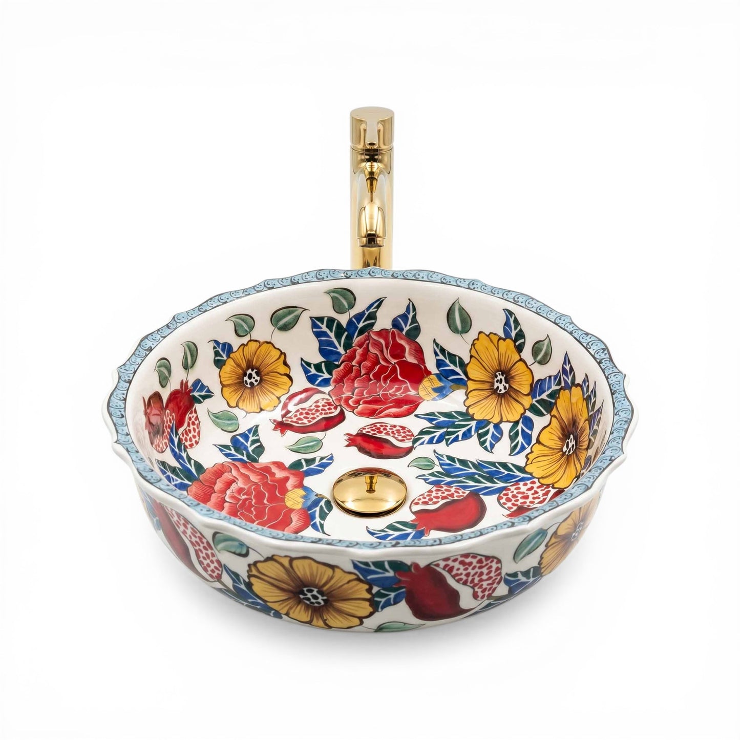 Decorative ceramic sink with floral patterns on a white background