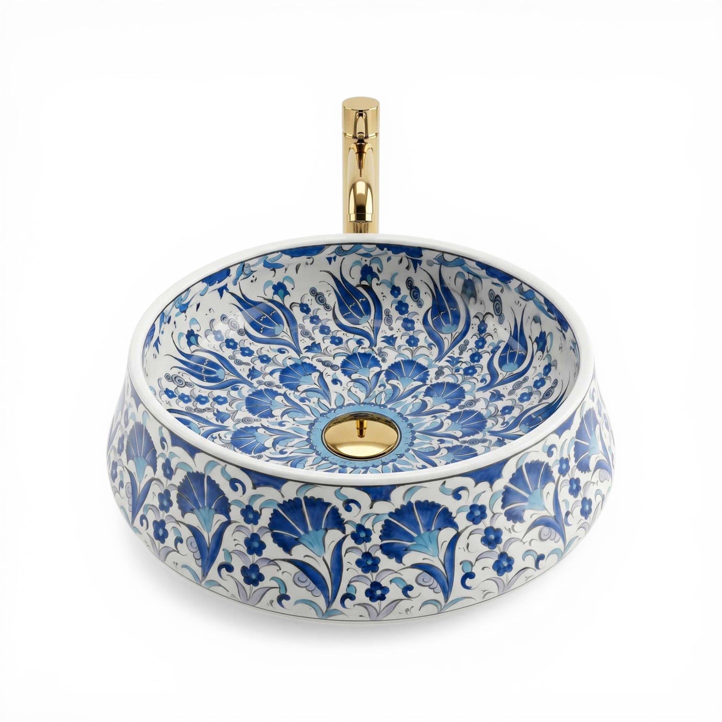 Decorative ceramic sink with blue floral patterns and gold accents on a white background