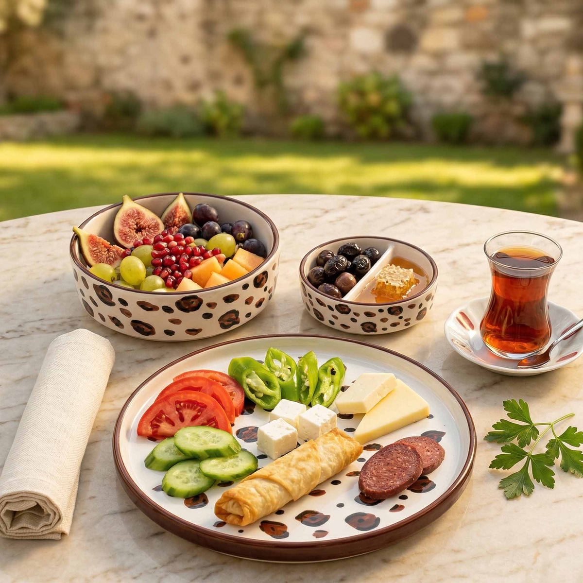 Outdoor setting with a plate of food, including a crepe, vegetables, and a glass of tea, on a stone surface.