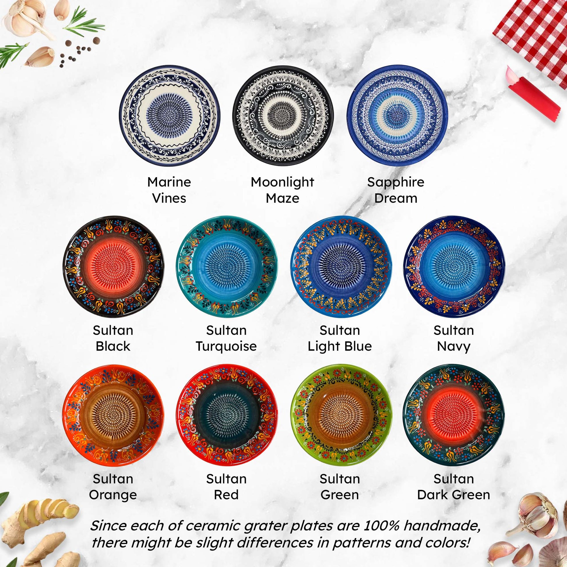 Collection of ceramic grater bowls with various patterns and colors on a textured surface.