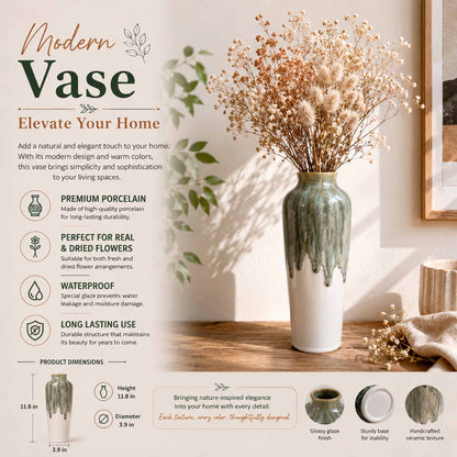 Modern vase with dried flowers on a wooden surface, featuring product details and benefits.