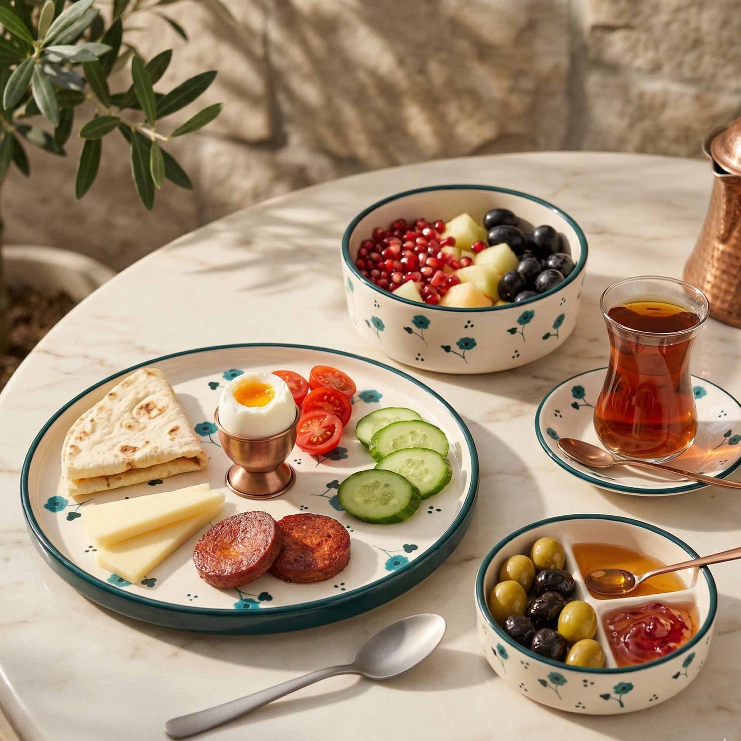 Table setting with plates, bowls, and a glass of tea on a marble surface.