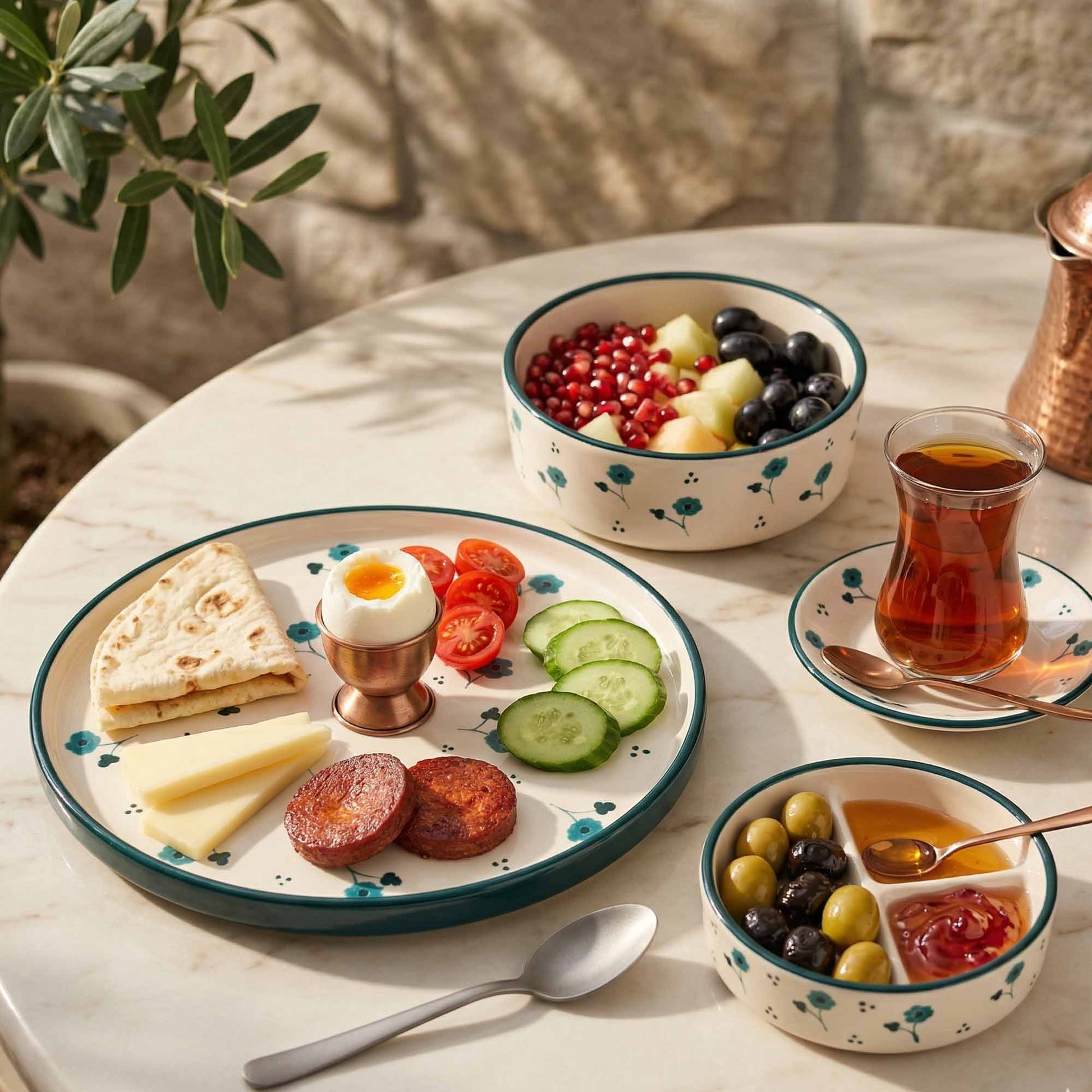 Table setting with plates, bowls, and a glass of tea on a marble surface.