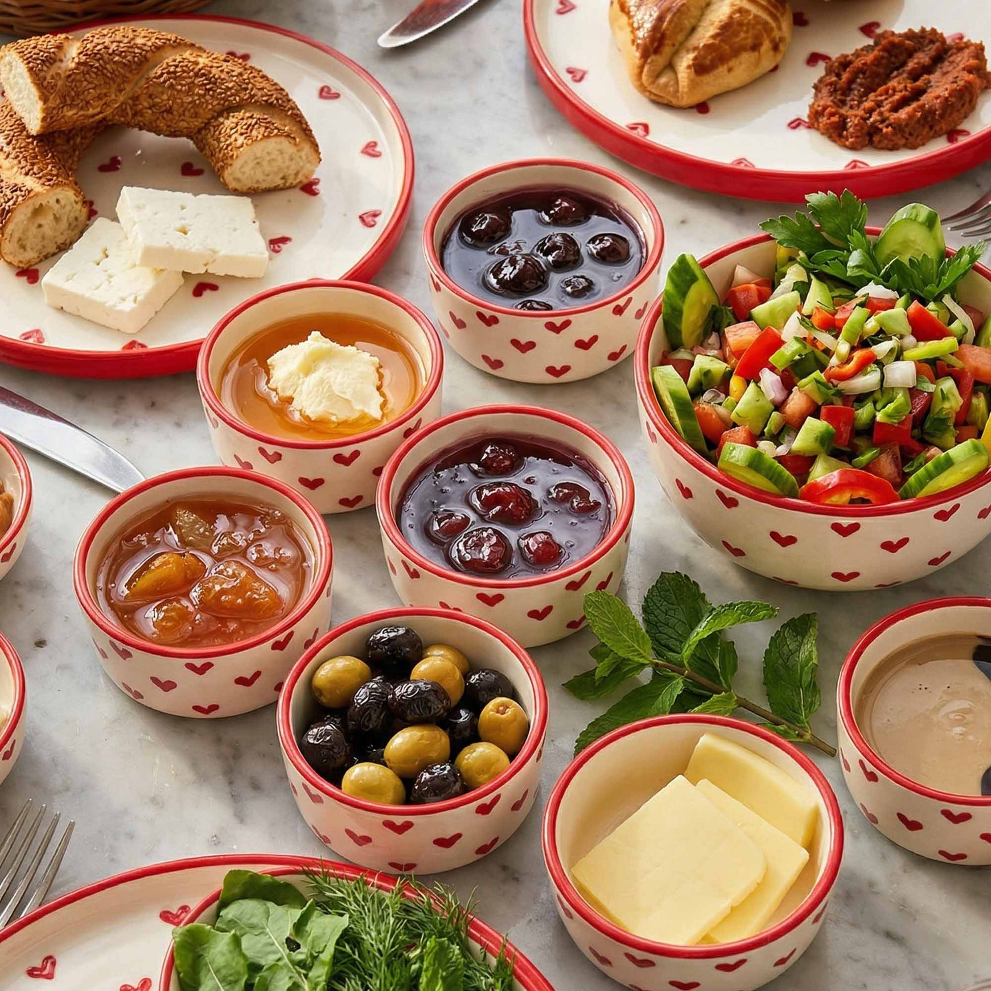 Assorted food items including bread, cheese, and salads served in small bowls on a marble surface.