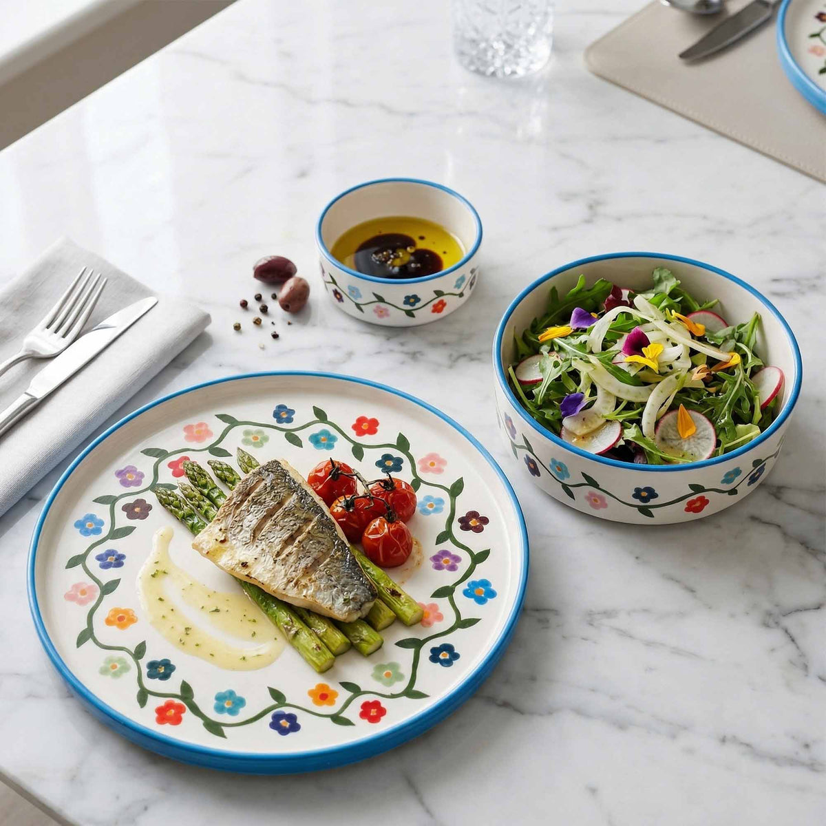 Dinner setting with a plate of fish and vegetables, a bowl of salad, and a small bowl of oil and vinegar on a marble surface.