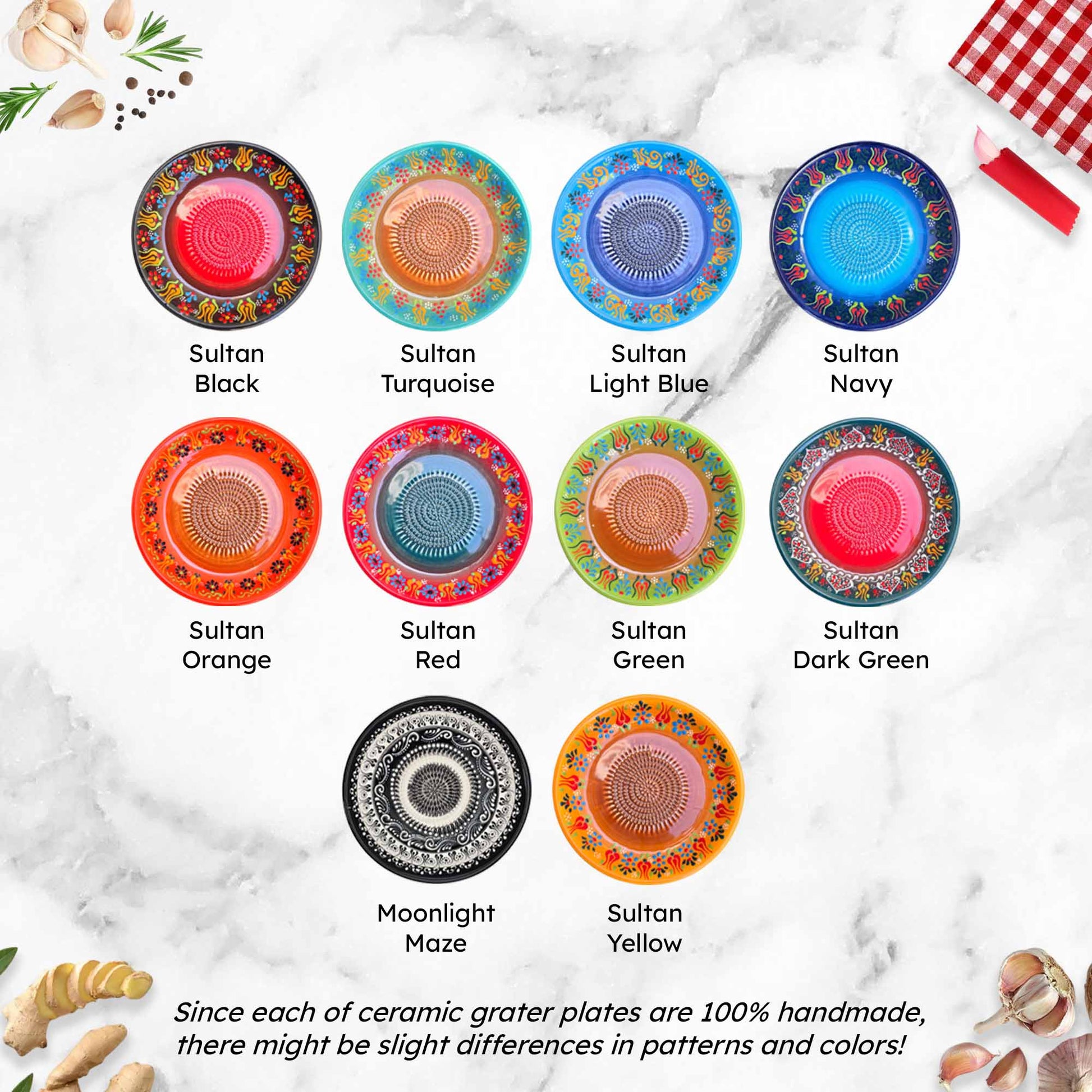 Set of colorful ceramic grater plates with various patterns on a marble surface.