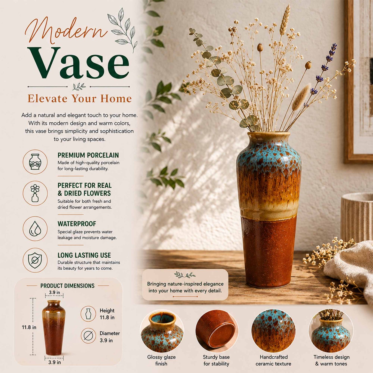 Modern ceramic vase with dried flowers on a wooden surface, featuring product details and design features.