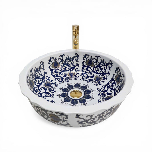 Royal Arabesque Ceramic Vessel Sink, Handpainted Bathroom Basin