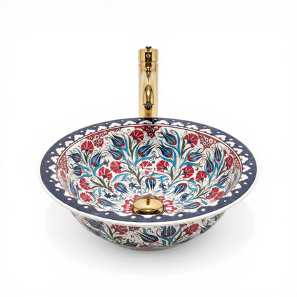Tulip Garden Ceramic Vessel Sink, Handpainted Bathroom Basin