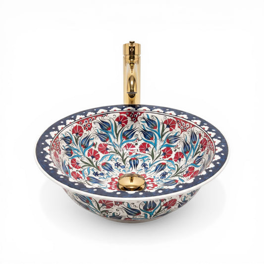 Tulip Garden Ceramic Vessel Sink, Handpainted Bathroom Basin