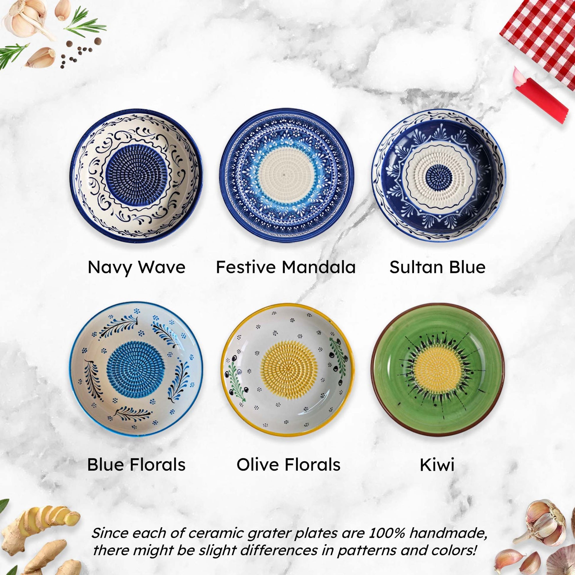 Set of six ceramic grater bowls with different patterns on a marble surface.