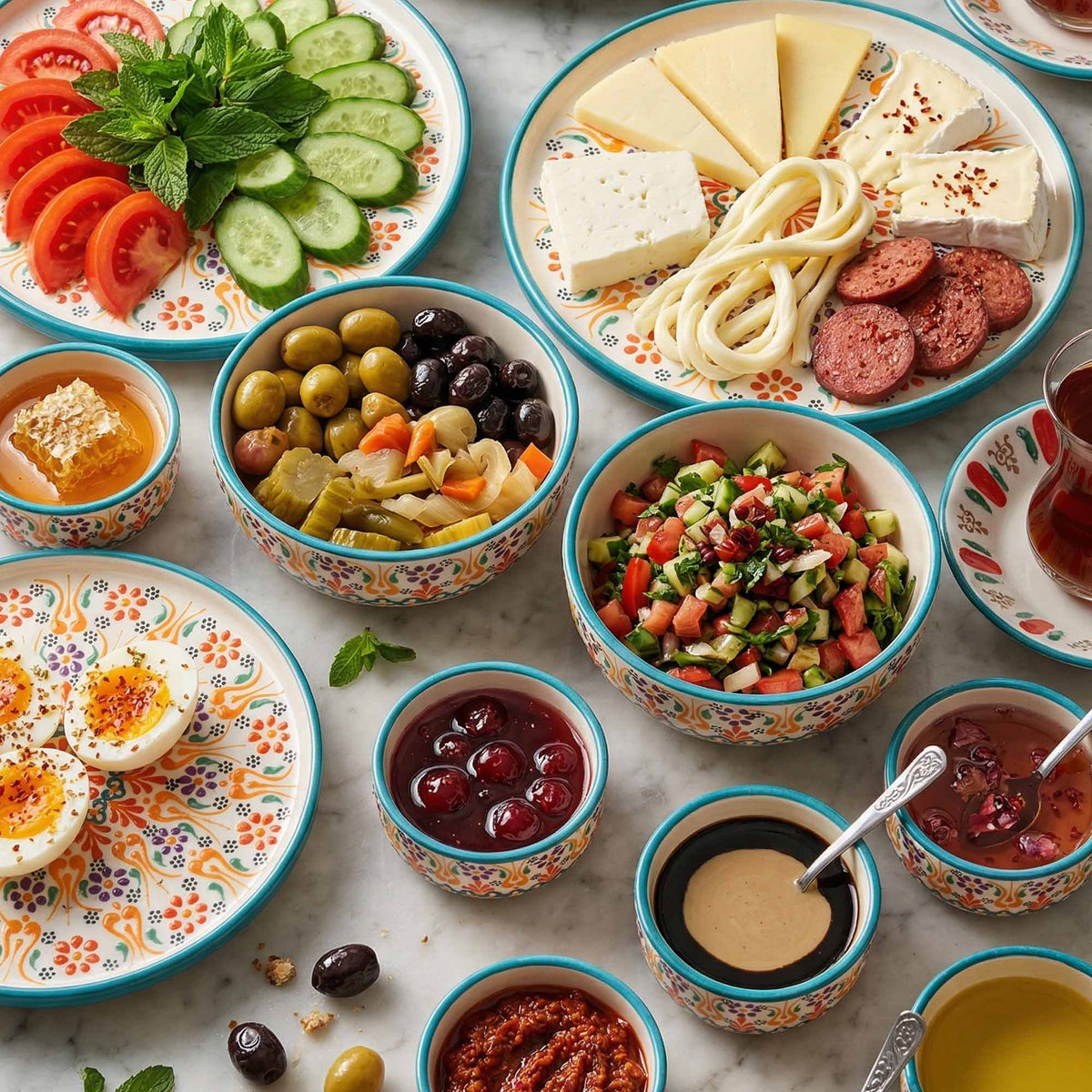 Assorted snacks and appetizers on a table with decorative plates and bowls.