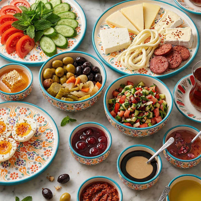 Assorted snacks and appetizers on a table with decorative plates and bowls.