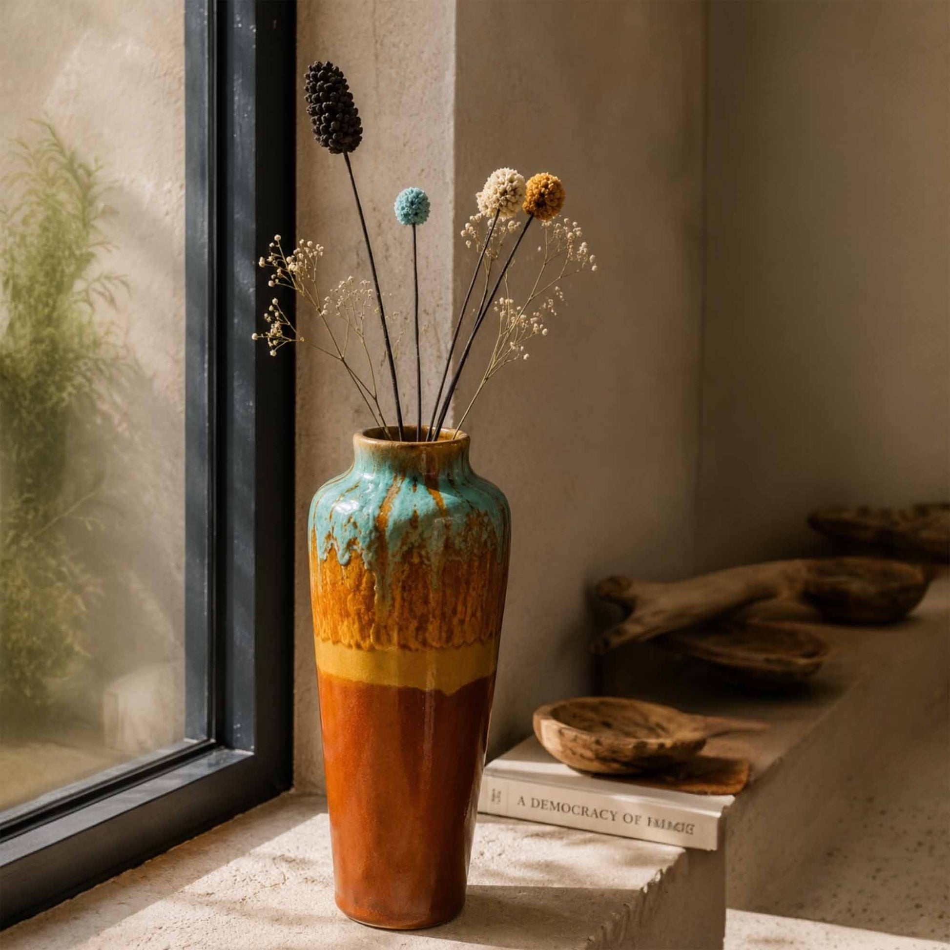 Decorative ceramic vase with dried flowers on a windowsill