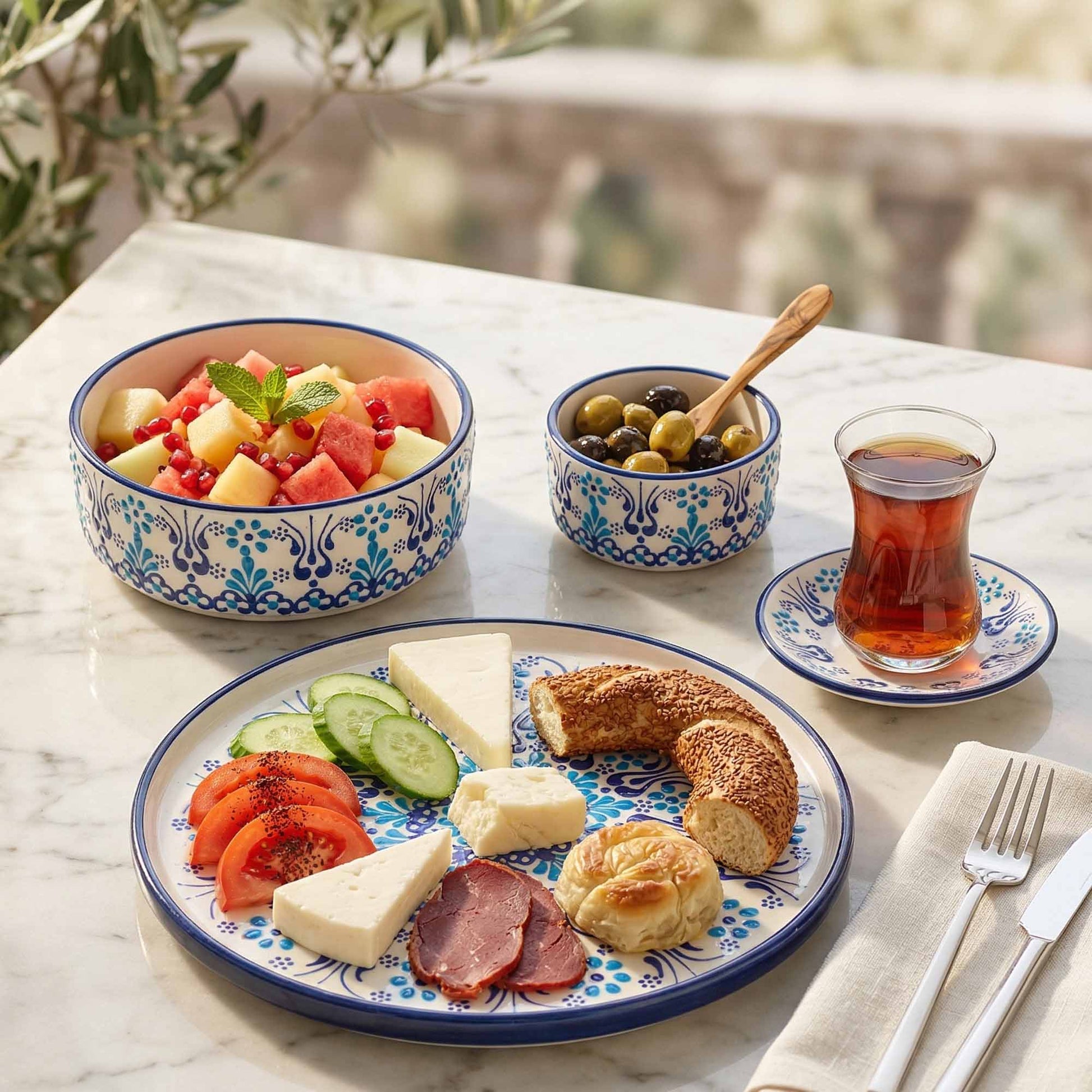 Outdoor setting with a plate of food, fruit bowl, and tea on a marble surface.