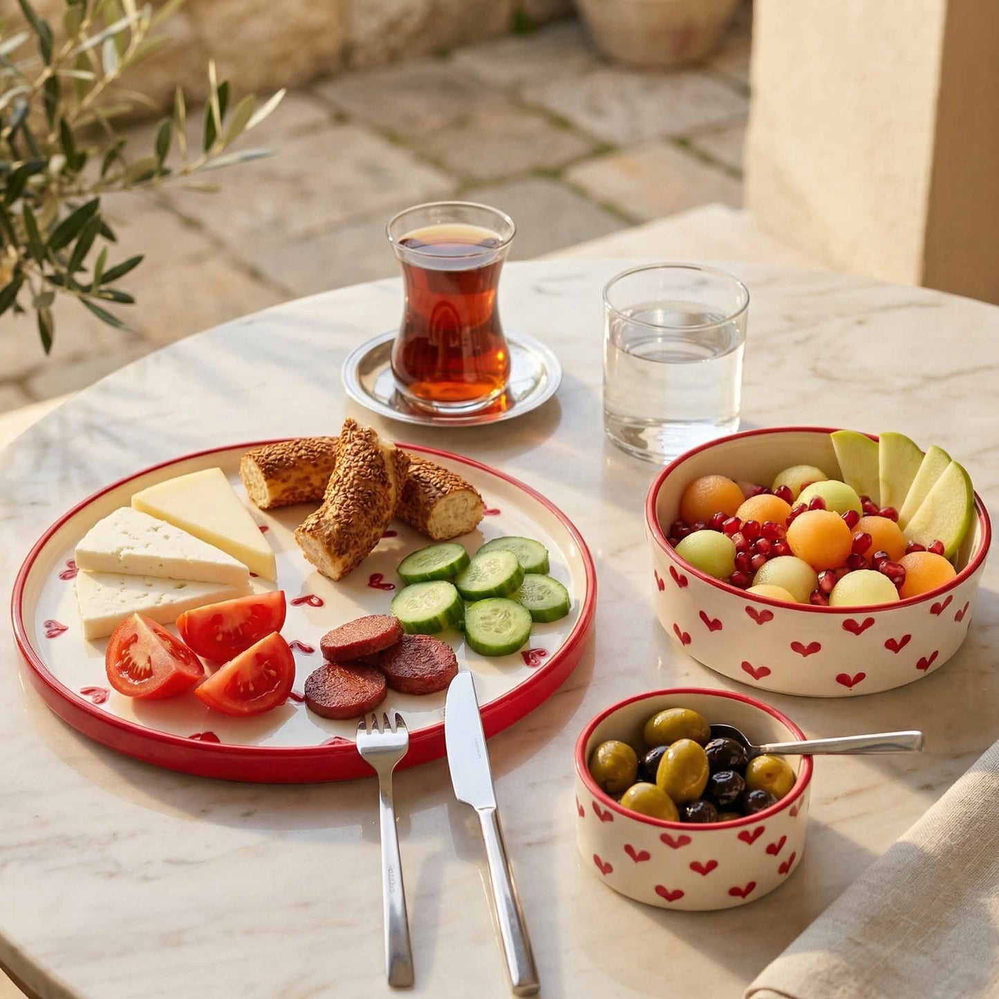 Table setting with a plate of food, bowls of fruit and olives, and glasses of tea and water.