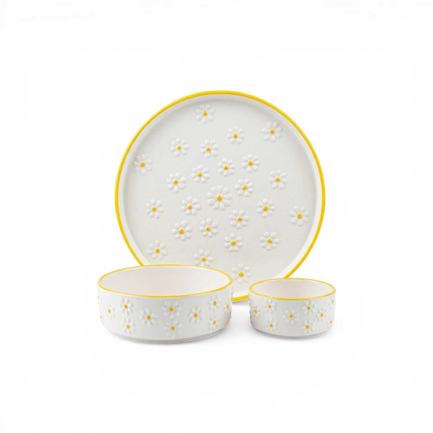 Ceramic dinnerware set with yellow accents on a white background
