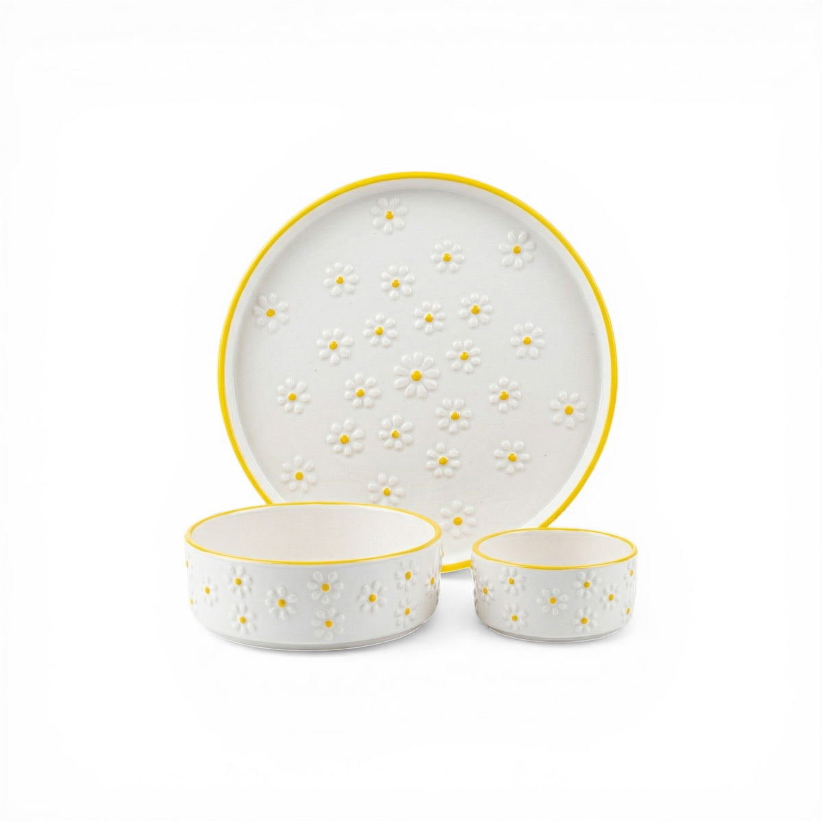 Ceramic dinnerware set with yellow accents on a white background