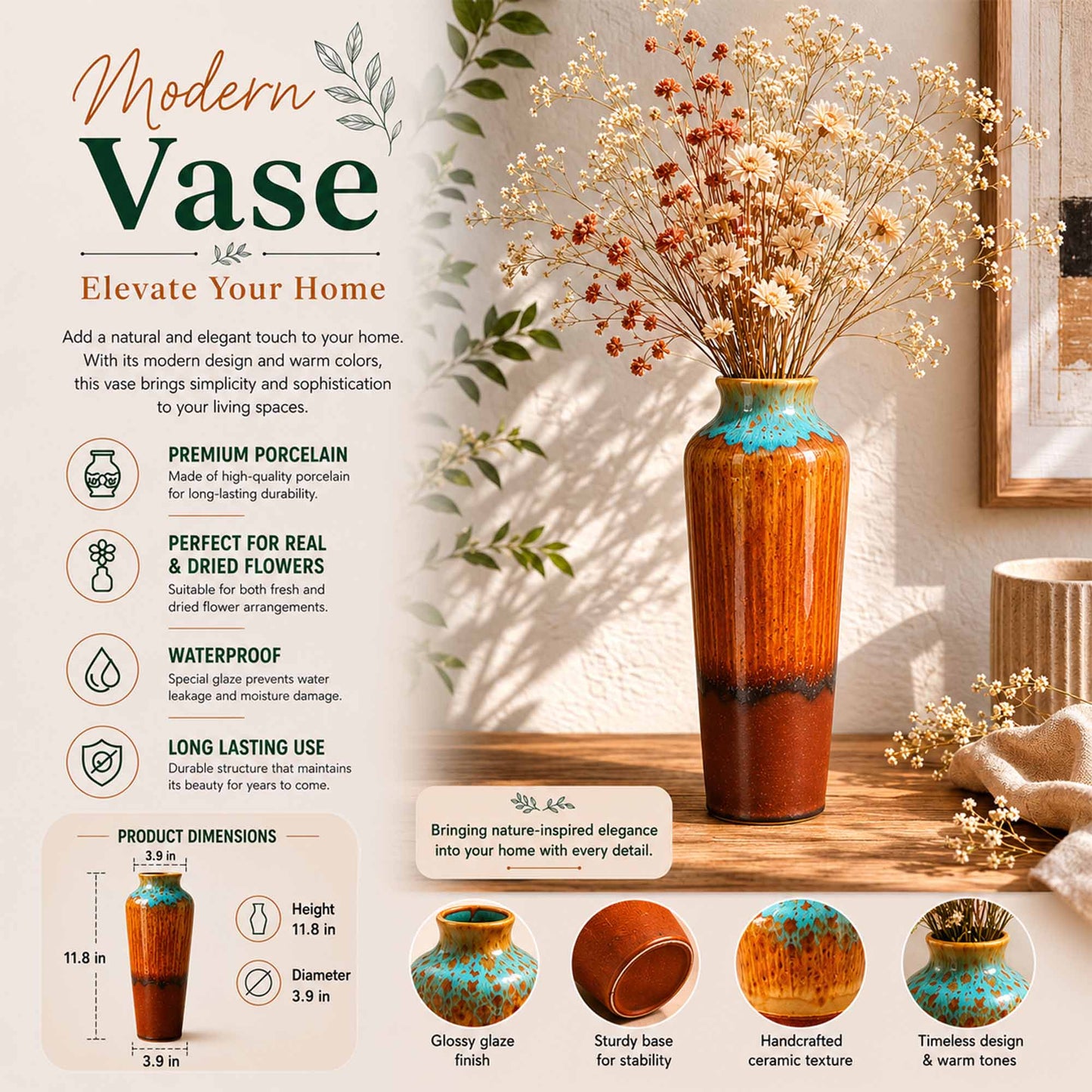 Modern ceramic vase with dried flowers on a wooden surface, featuring product details and design elements.