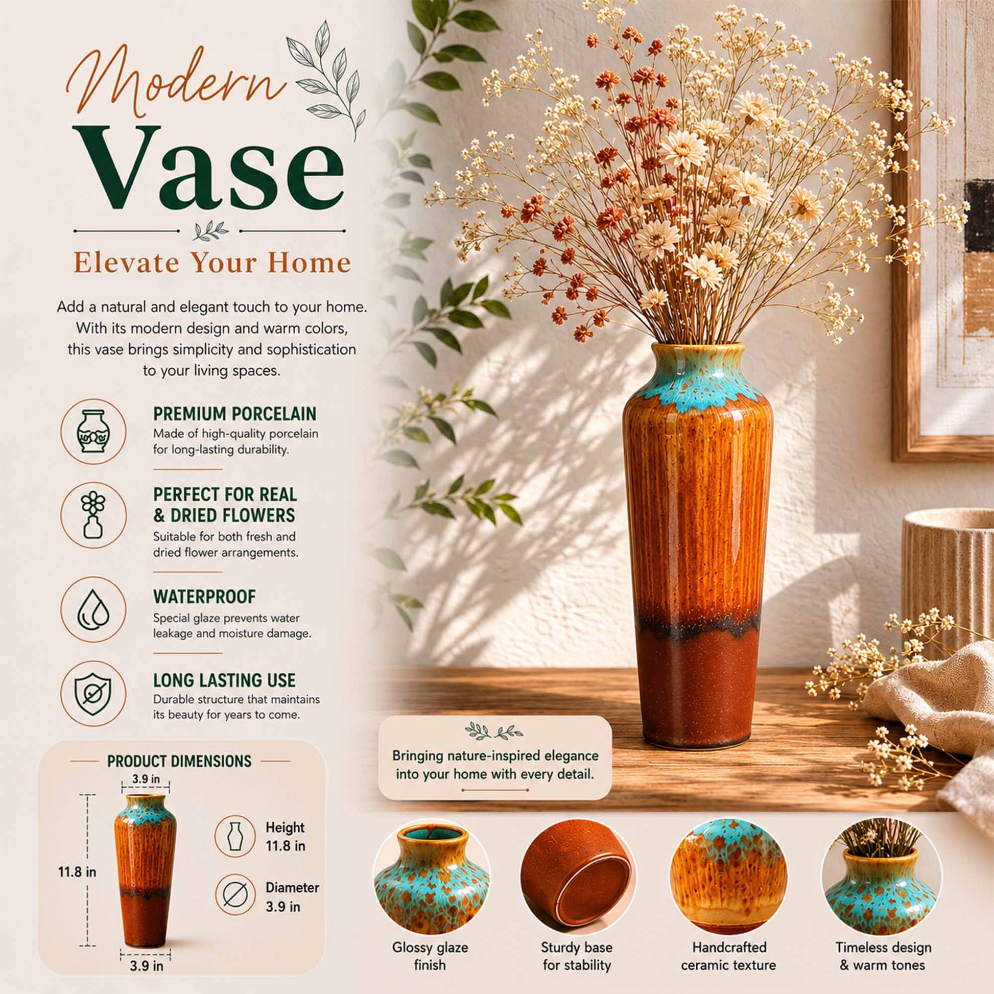 Modern ceramic vase with dried flowers on a wooden surface, featuring product details and design elements.