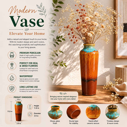Modern ceramic vase with dried flowers on a wooden surface, featuring product details and design elements.