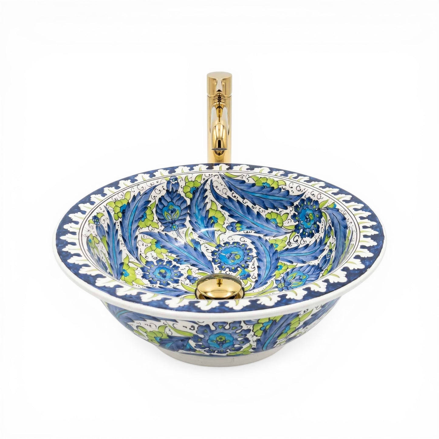 Sapphire Breeze Floral Ceramic Vessel Sink, Handpainted Bathroom Basin