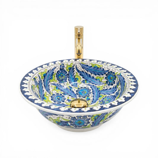 Sapphire Breeze Floral Ceramic Vessel Sink, Handpainted Bathroom Basin