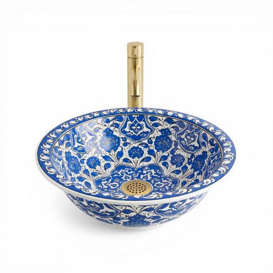 Azure Palace Floral Ceramic Vessel Sink, Handpainted Bathroom Basin