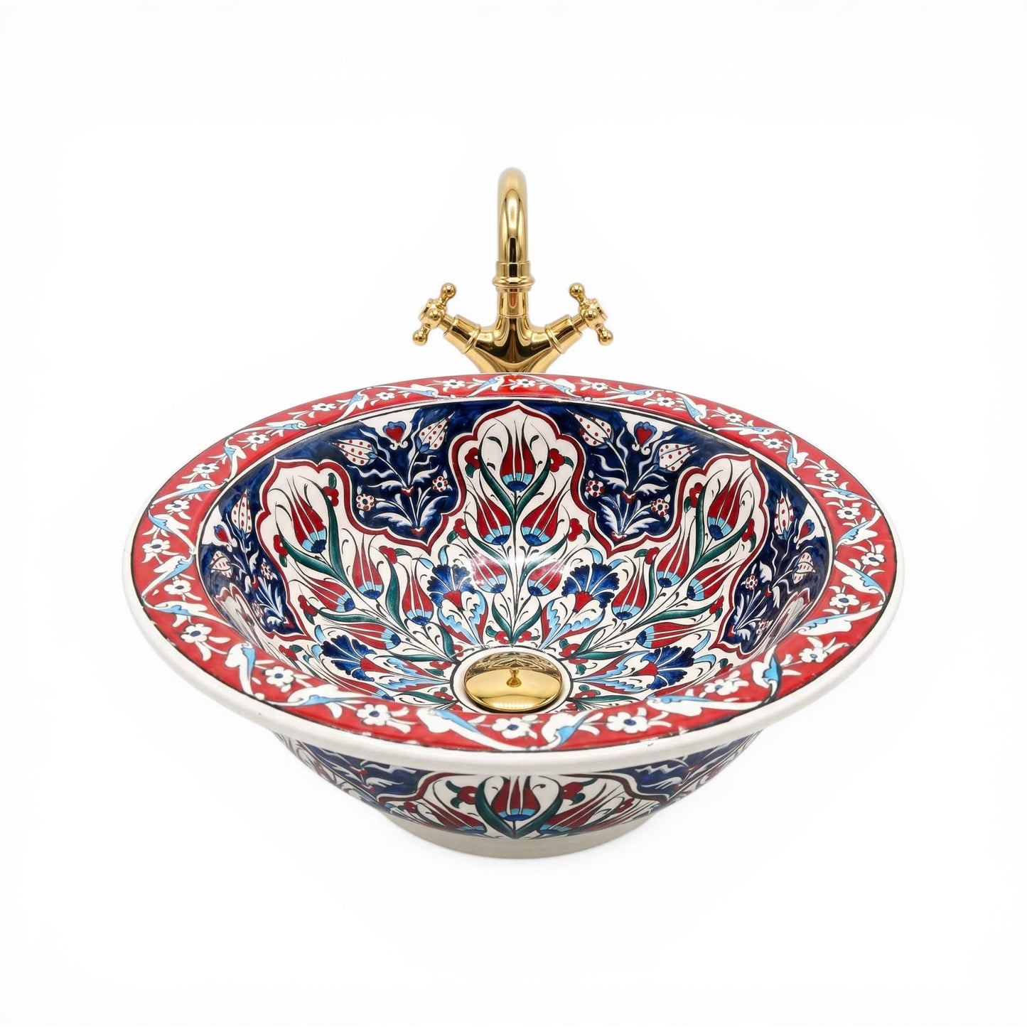 Crimson Tulip Heritage Ceramic Vessel Sink, Handpainted Bathroom Basin