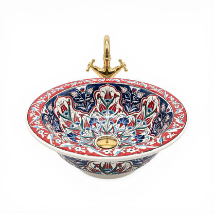 Crimson Tulip Heritage Ceramic Vessel Sink, Handpainted Bathroom Basin