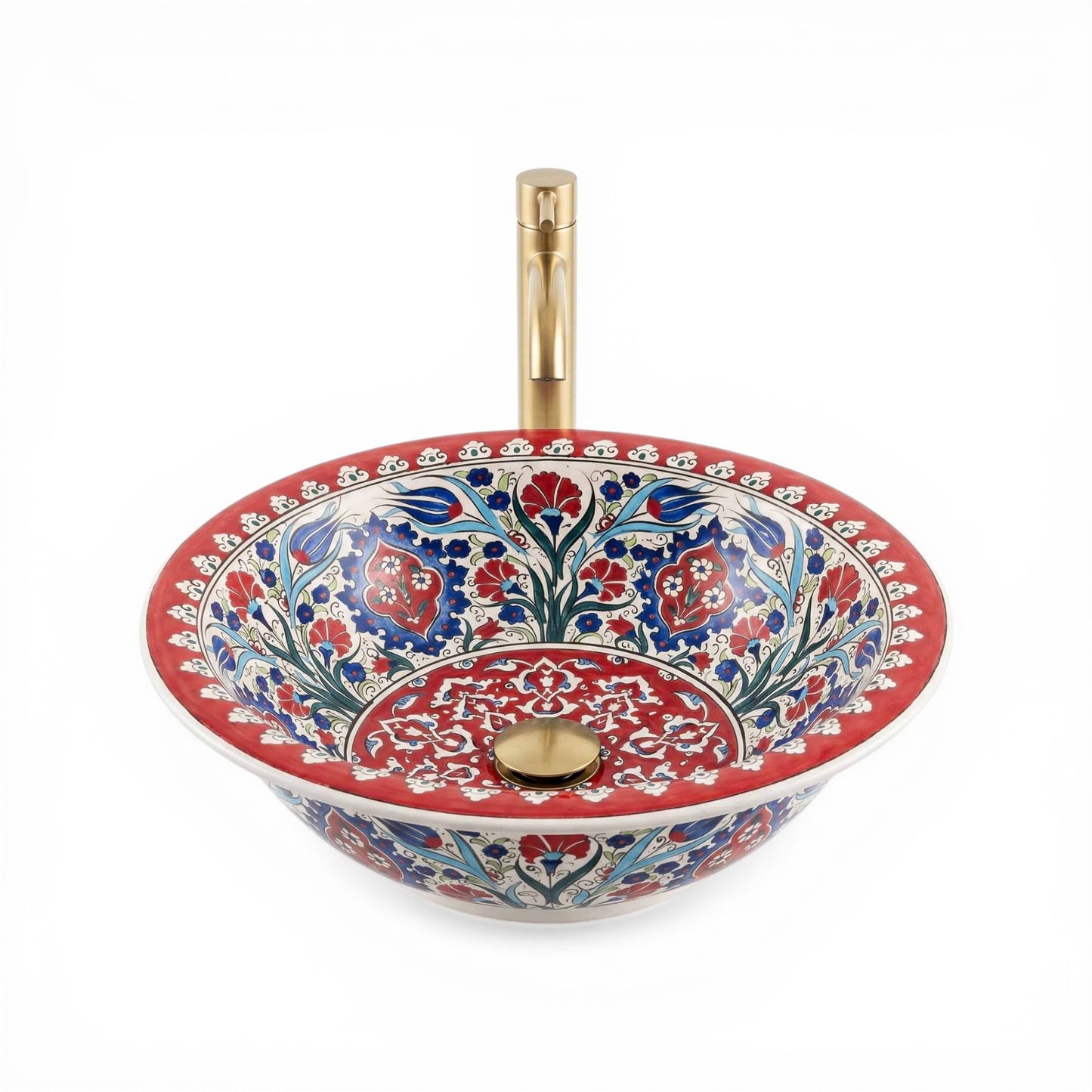 Ruby Garden Arabesque Ceramic Vessel Sink, Handpainted Bathroom Basin