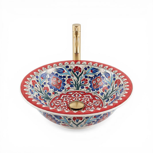 Ruby Garden Arabesque Ceramic Vessel Sink, Handpainted Bathroom Basin