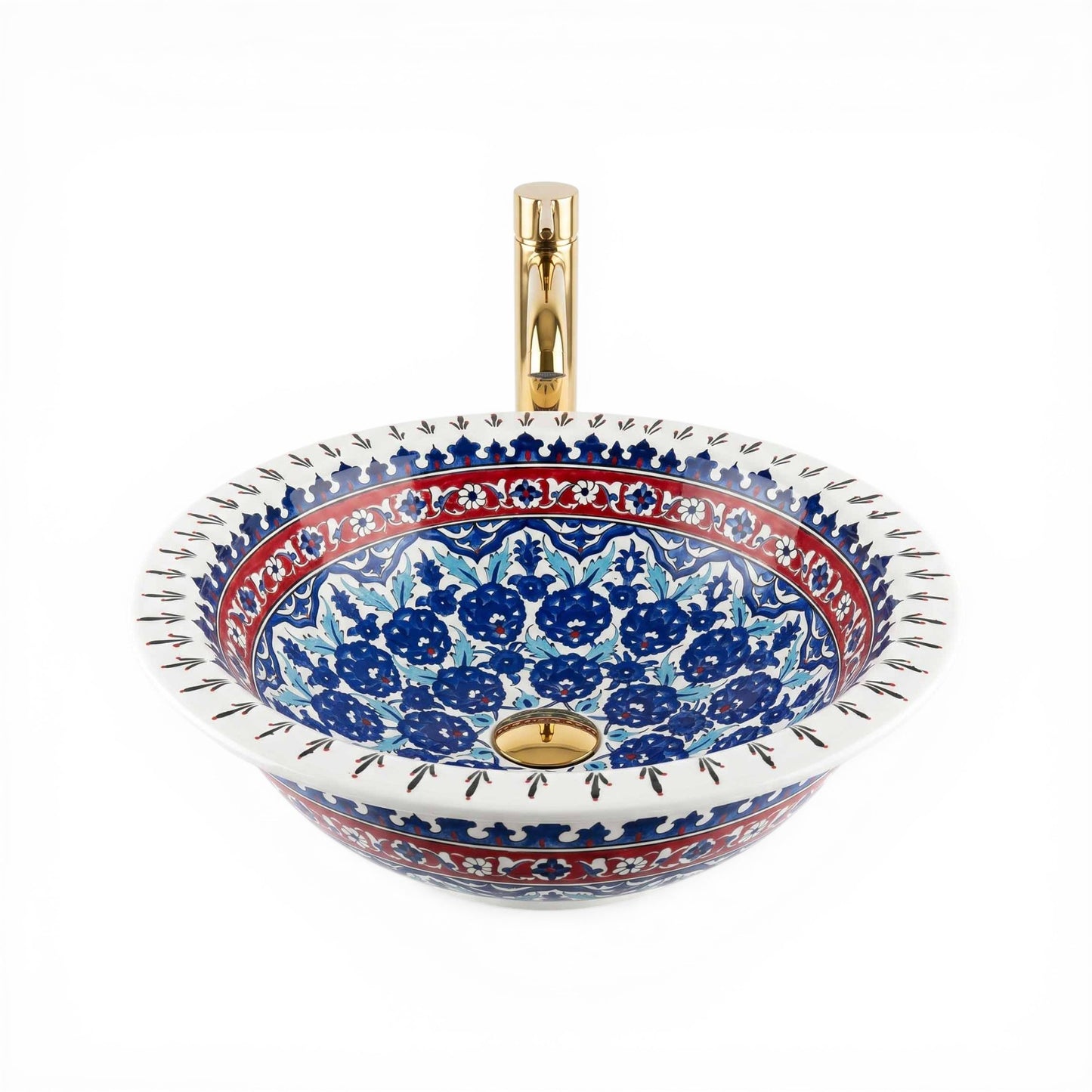 Sapphire Blossom Heritage Ceramic Vessel Sink, Handpainted Bathroom Basin