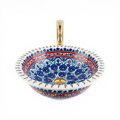 Sapphire Blossom Heritage Ceramic Vessel Sink, Handpainted Bathroom Basin
