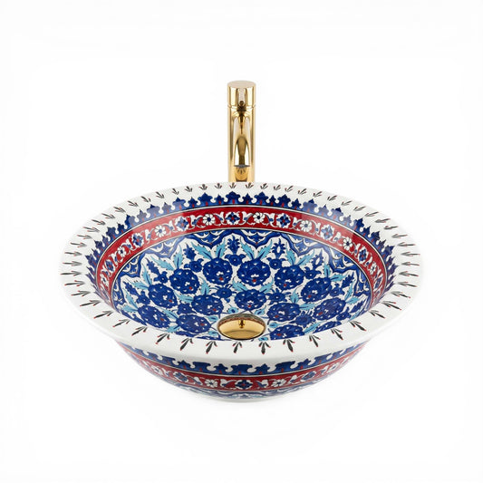Sapphire Blossom Heritage Ceramic Vessel Sink, Handpainted Bathroom Basin