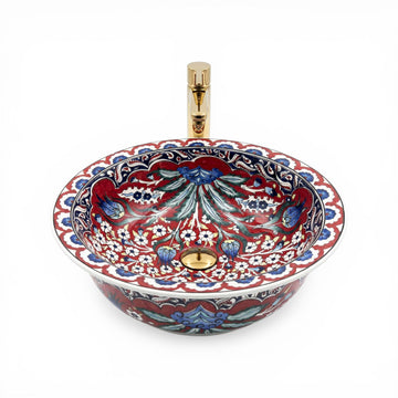 Crimson Tulip Garden Ceramic Vessel Sink, Handpainted Bathroom Basin