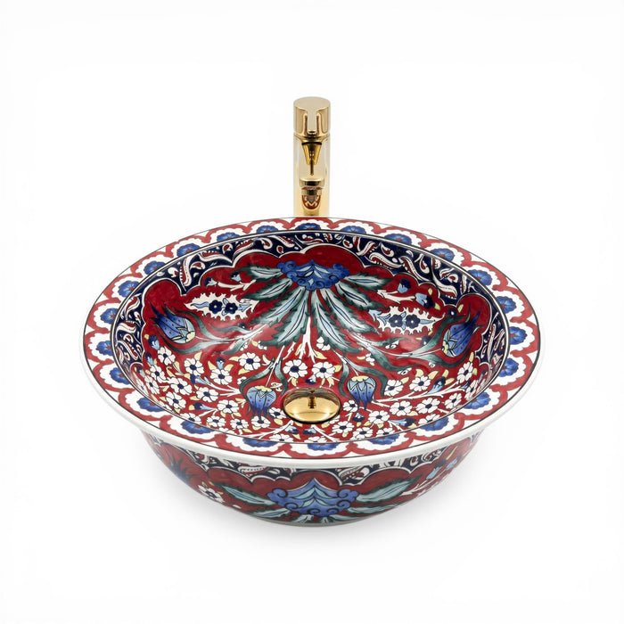 Crimson Tulip Garden Ceramic Vessel Sink, Handpainted Bathroom Basin