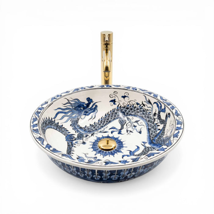 Azure Imperial Dragon Ceramic Vessel Sink, Handpainted Bathroom Basin