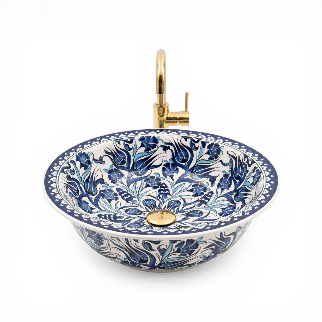 Midnight Tulip Symphony Ceramic Vessel Sink, Handpainted Bathroom Basin