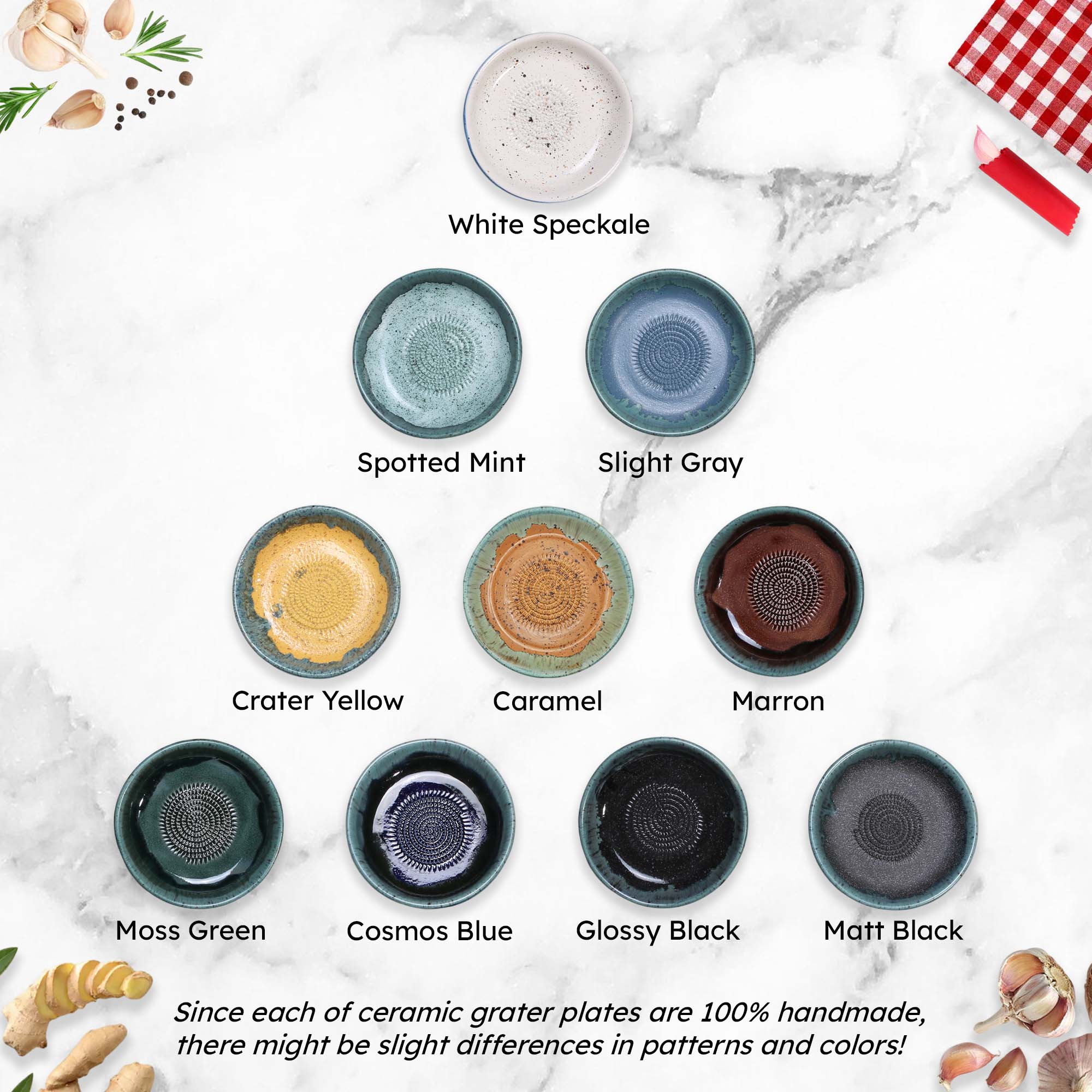 Collection of ceramic grater bowls in various colors on a marble surface.