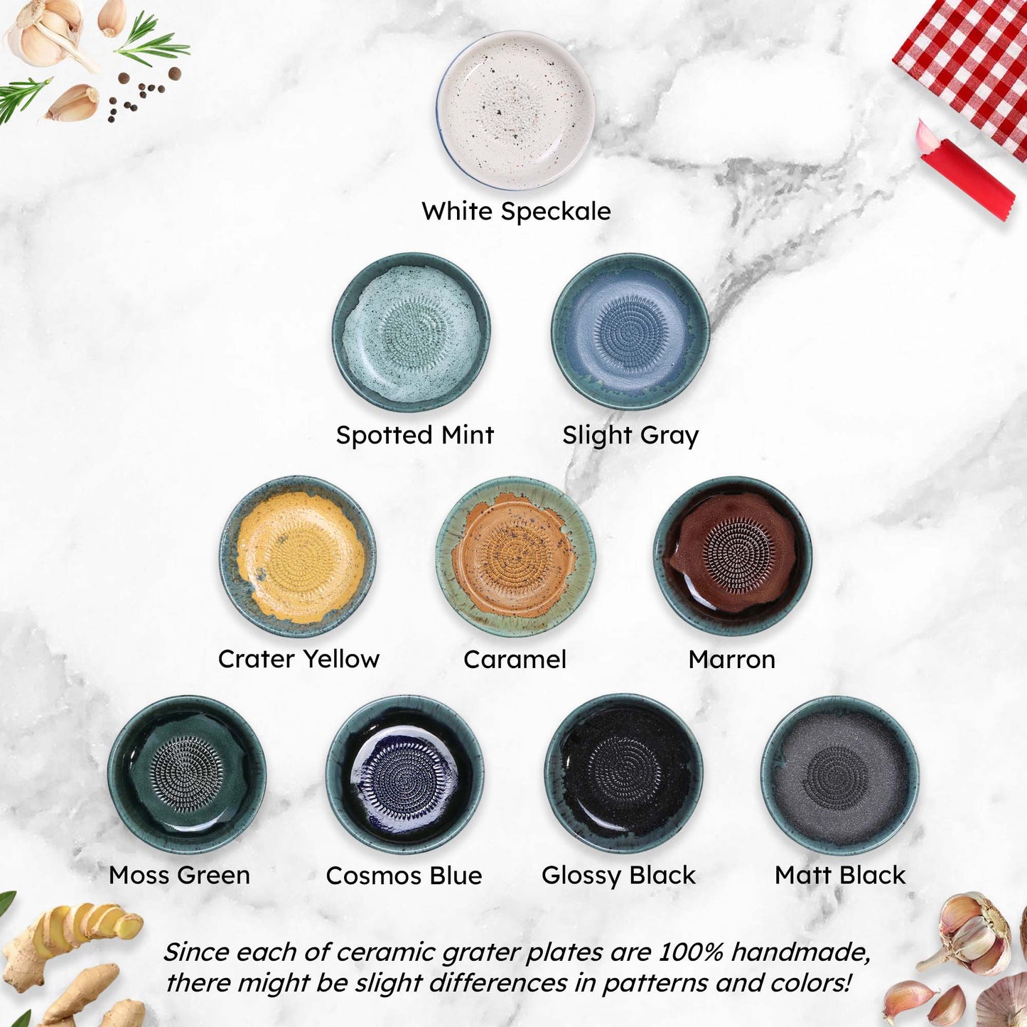 Collection of ceramic grater bowls in various colors on a marble surface.