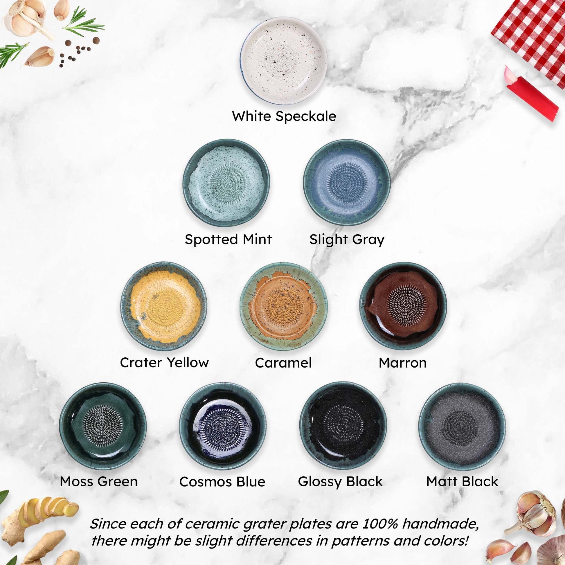 Collection of ceramic grater bowls in various colors on a marble surface.