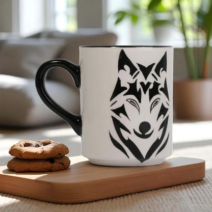 White coffee mug with black wolf design on a wooden tray with cookies, blurred indoor background