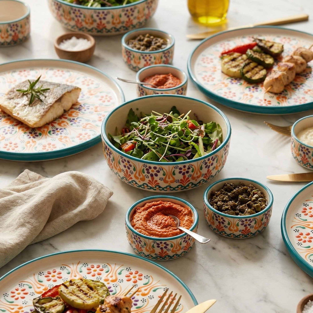 Diverse food items on a table with decorative plates and bowls.