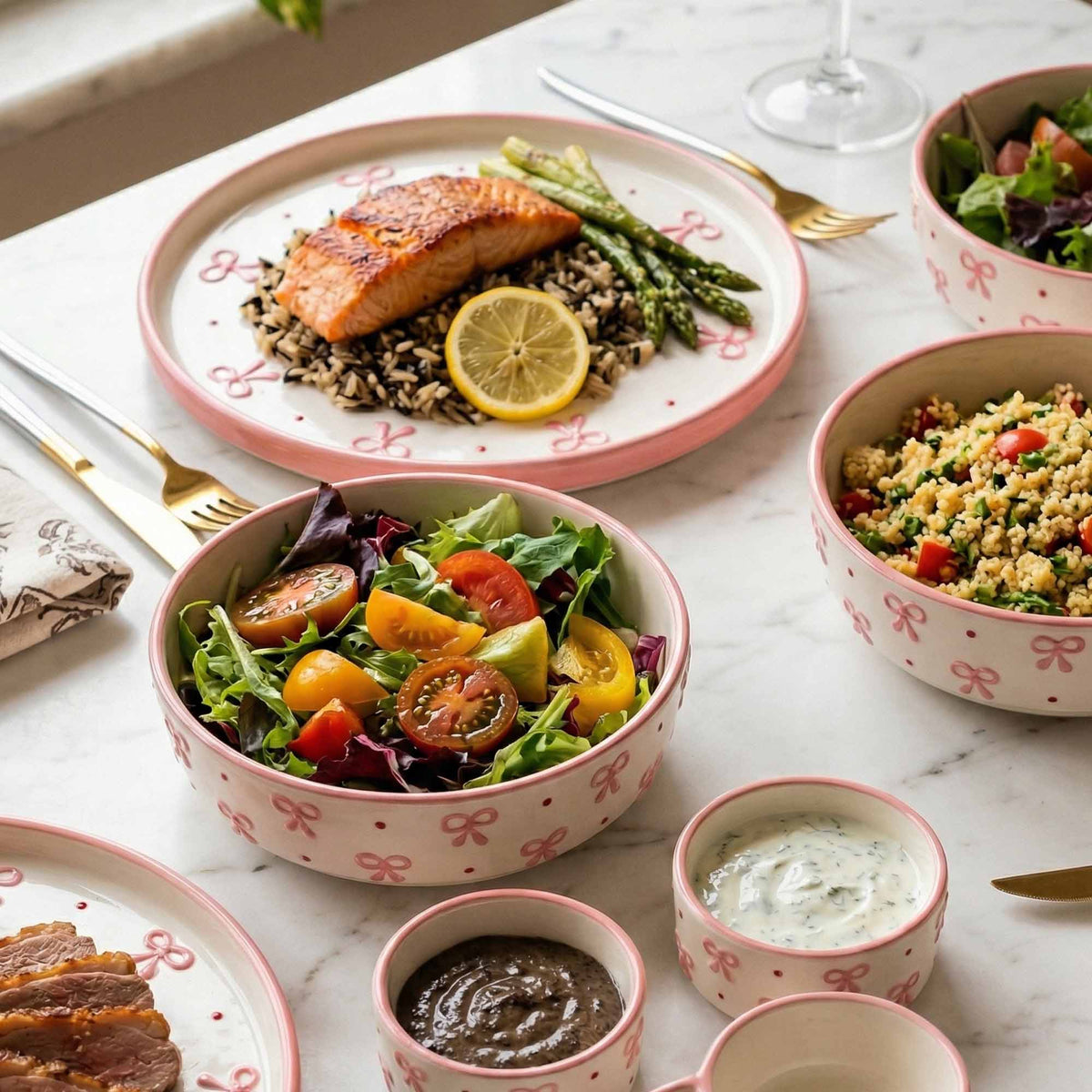 Dinner table setting with plates, bowls, and utensils on a marble surface.