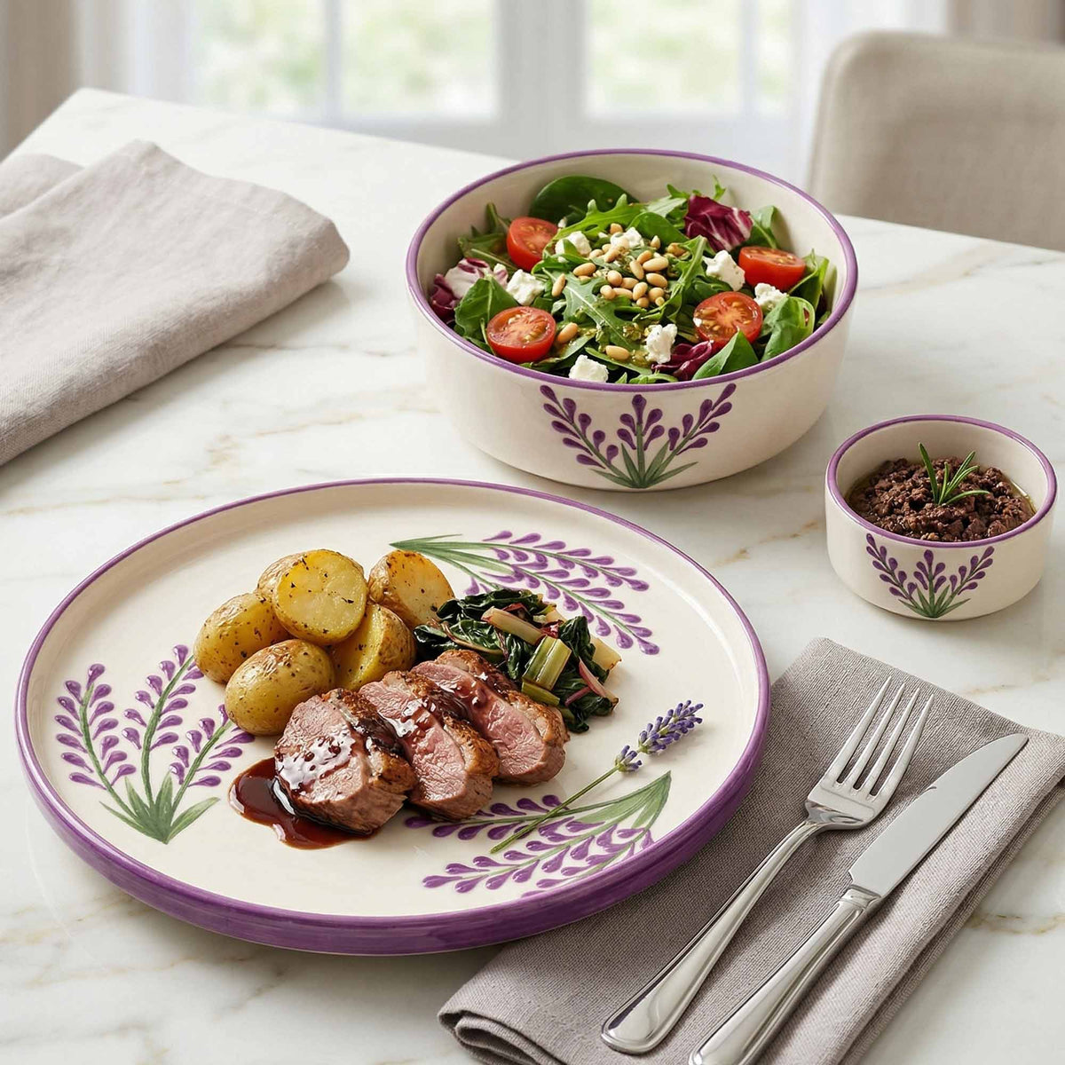 Dinner setting with a plate of meat and vegetables, a bowl of salad, and a small dish on a marble table.