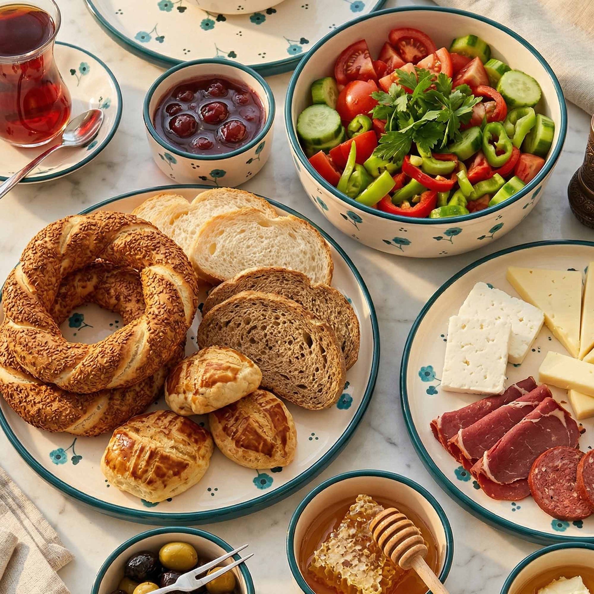 Assorted bread, cheese, and salad on a table with a bowl of fruit and a cup of tea.