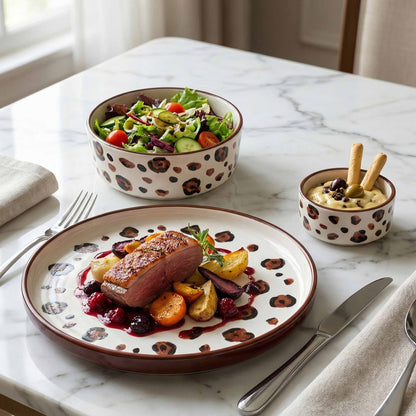 Dinner setting with a plate of roasted meat and vegetables, a bowl of salad, and a small dish with bread on a marble table.